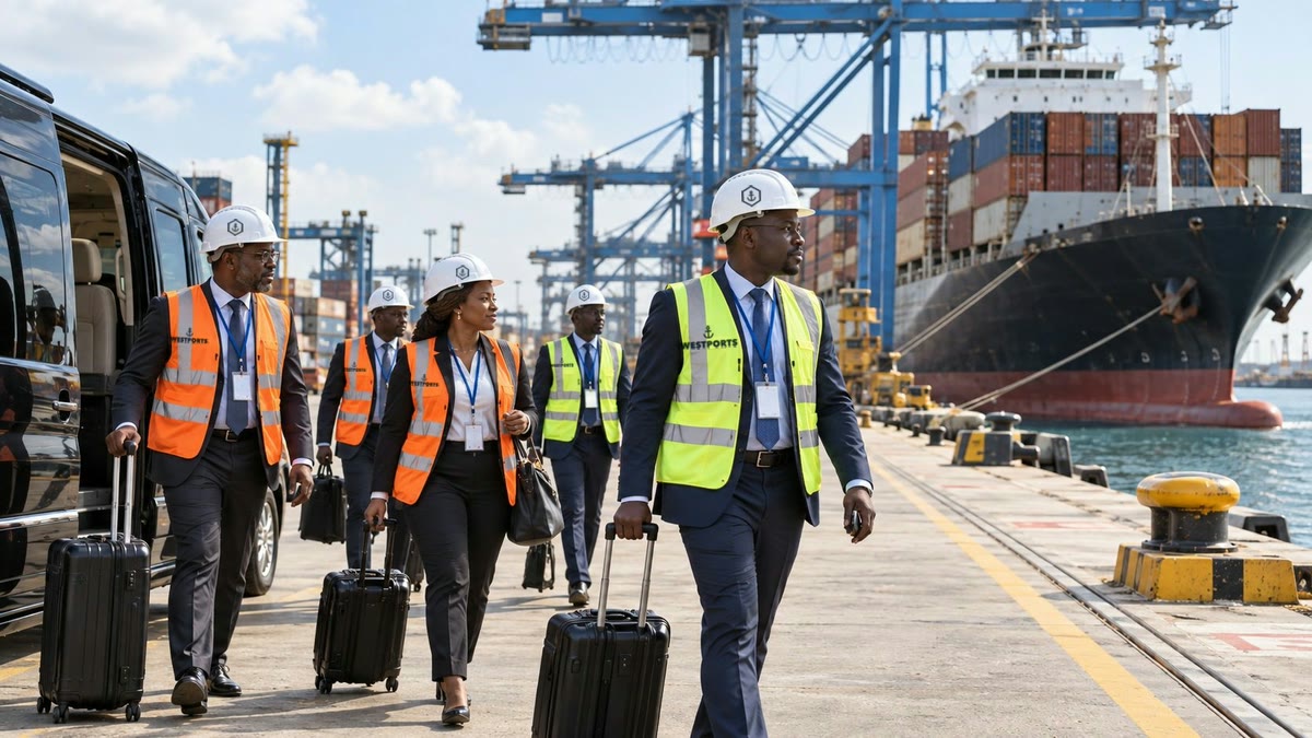 WESTPORTS ship agents on the quay, in front of a container ship
